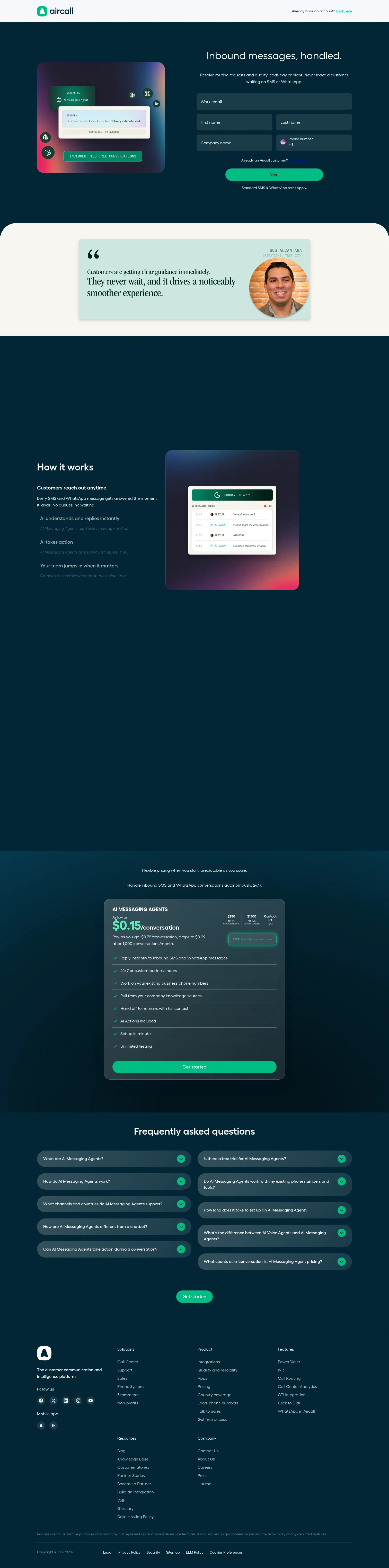 aircall.io/get-started-ai-messaging on desktop, full screenshot