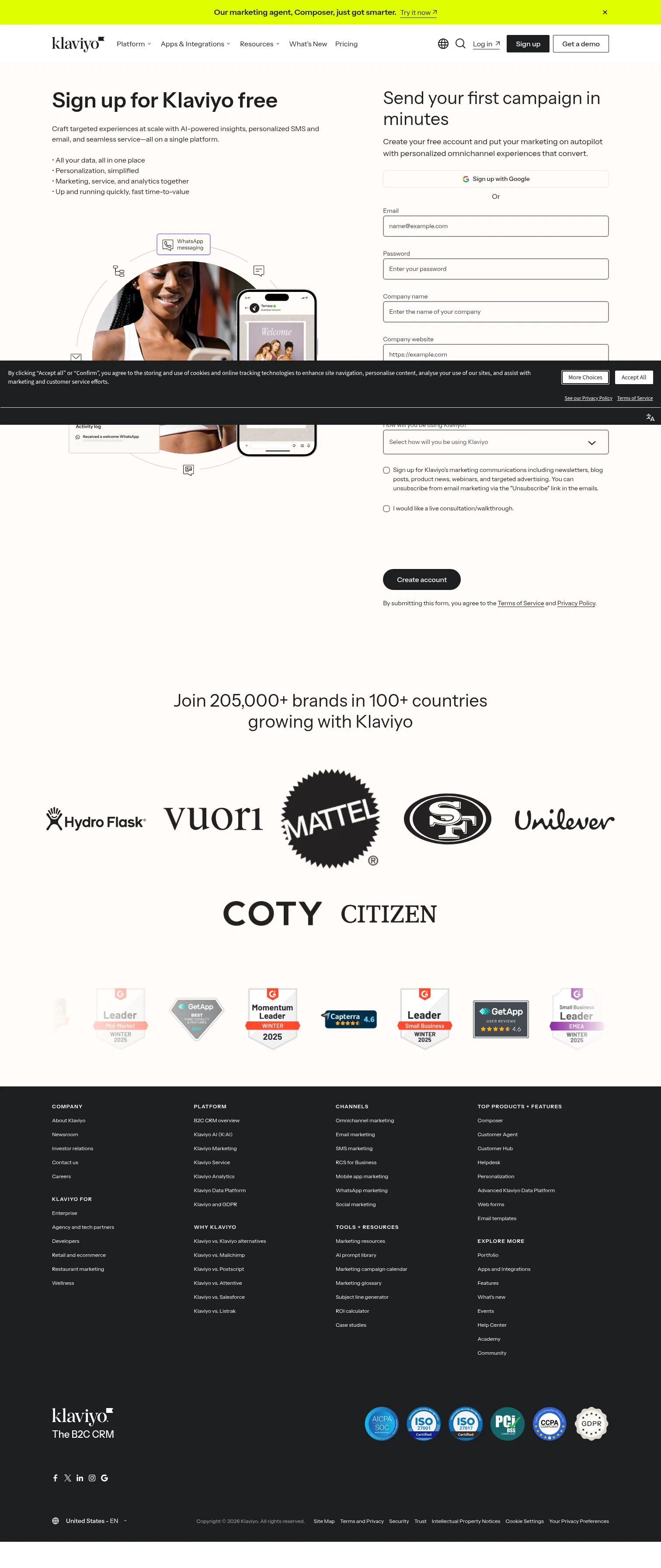 klaviyo.com/grow/sign-up on desktop, full screenshot