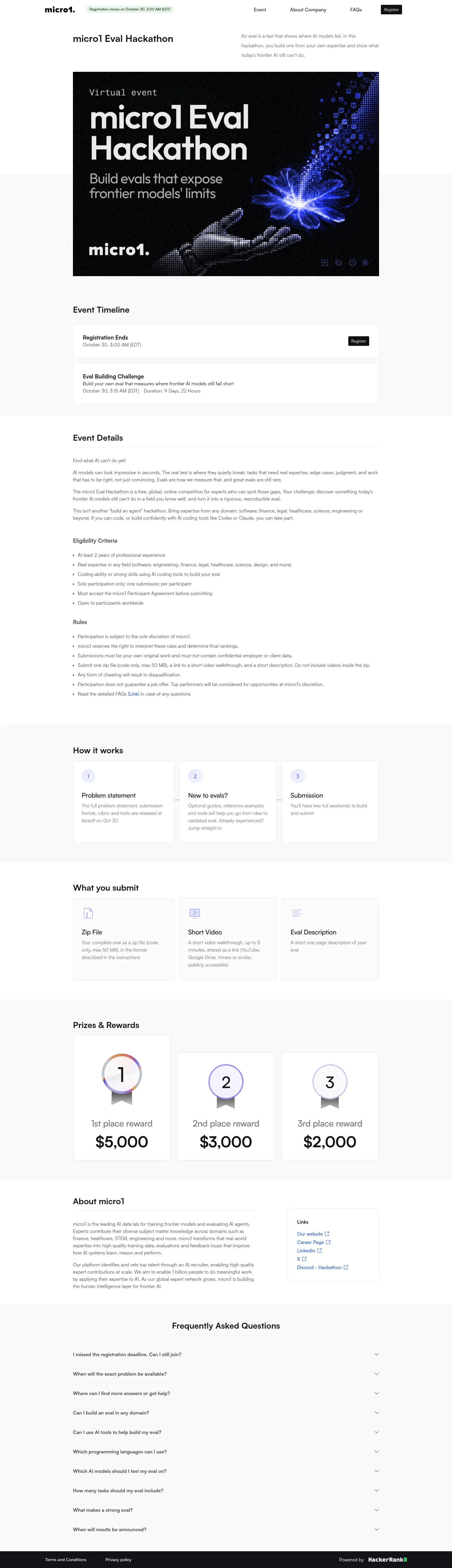 hackerrank.com/event/micro1-eval-hackathon on desktop, full screenshot