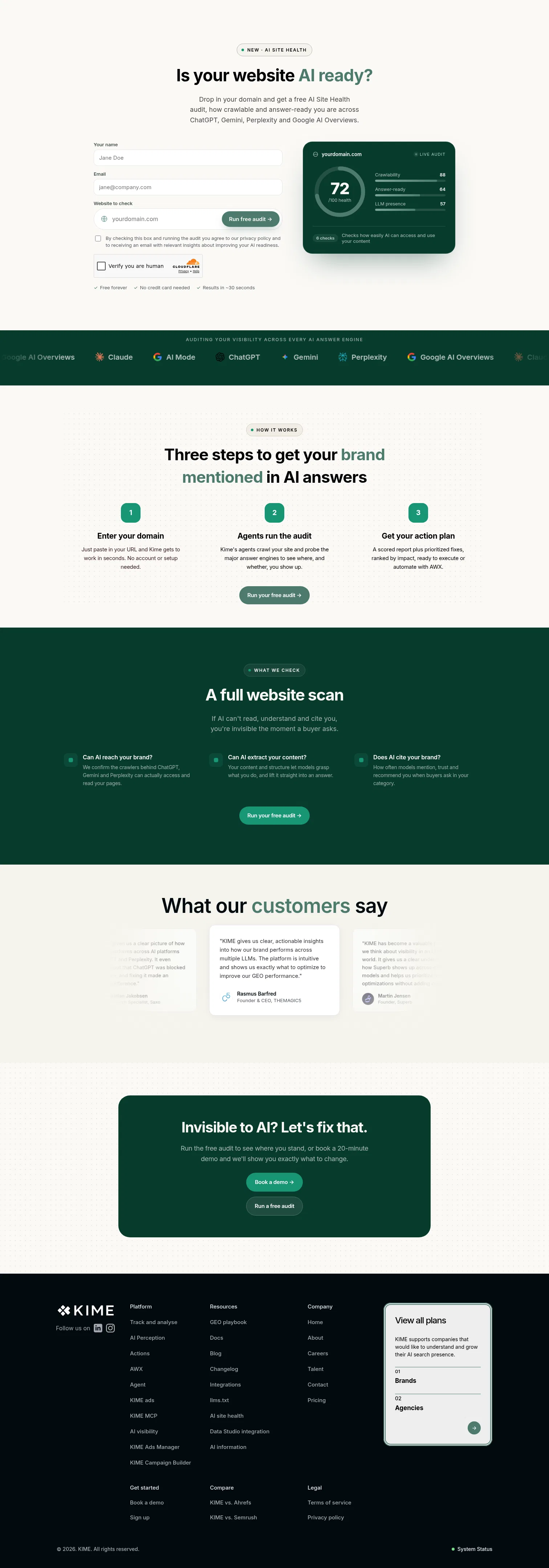kime.ai/ai-site-health on desktop, full screenshot