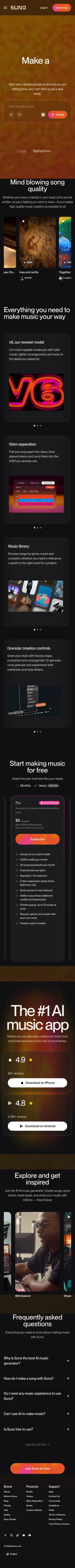 suno.com/home on mobile, full screenshot