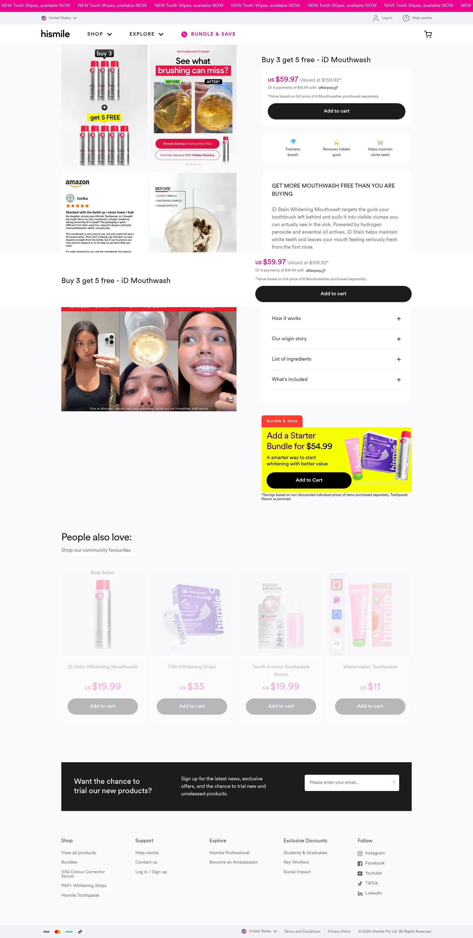 hismileteeth.com/products/buy-three-get-five-mouthwash on desktop, full screenshot