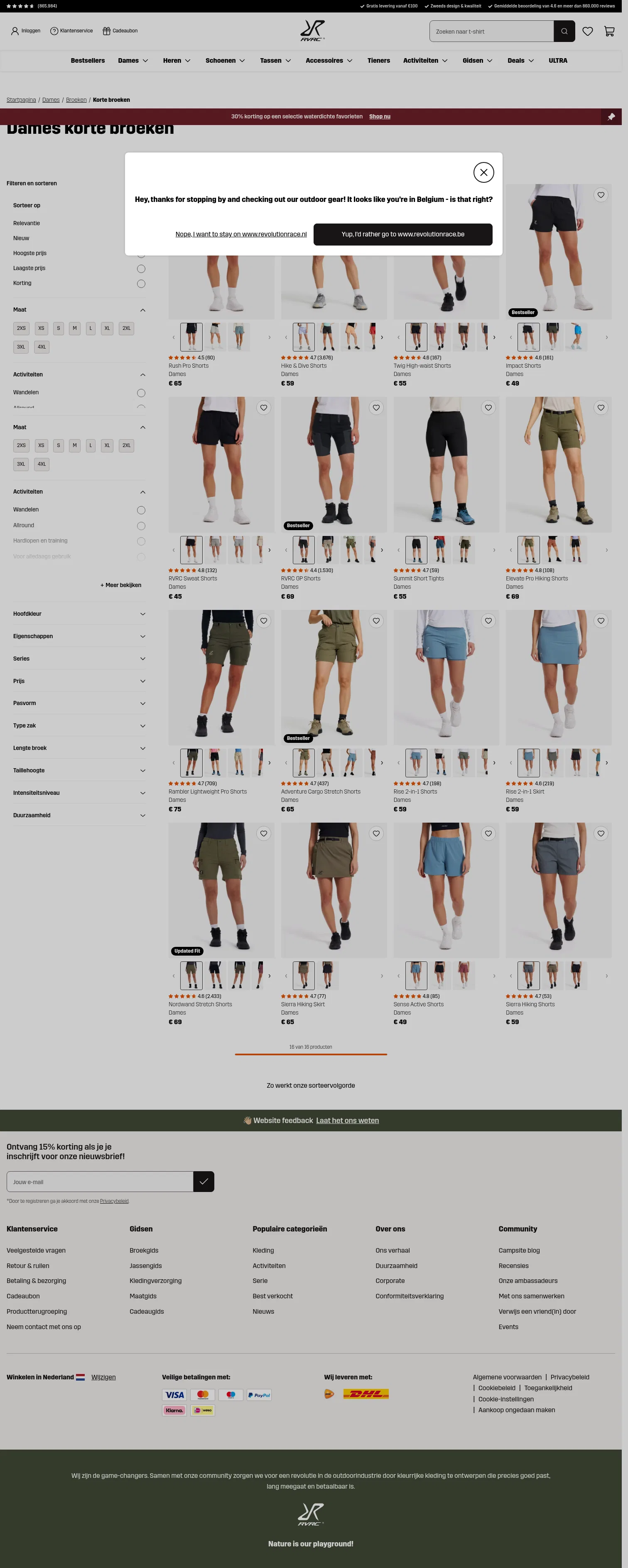 revolutionrace.nl/dames/broeken/korte-broeken on desktop, full screenshot