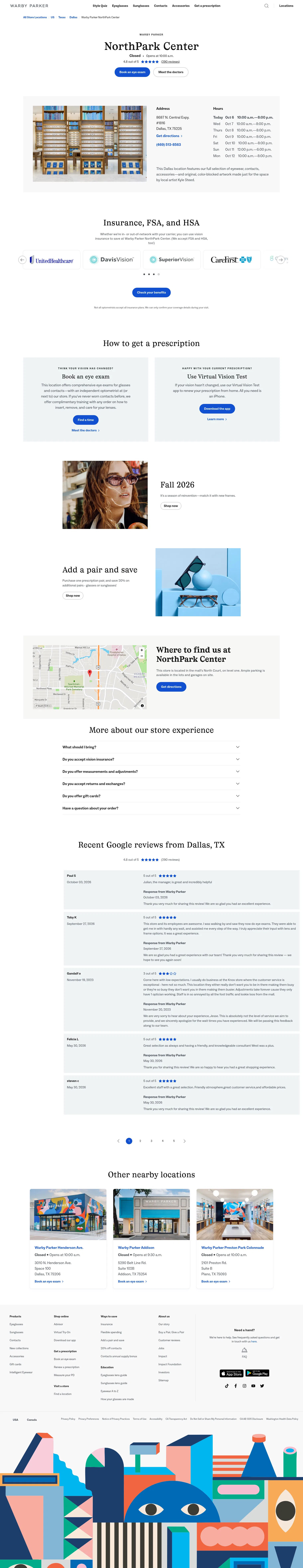 stores.warbyparker.com/tx/dallas/8687-n-central-expy on desktop, full screenshot