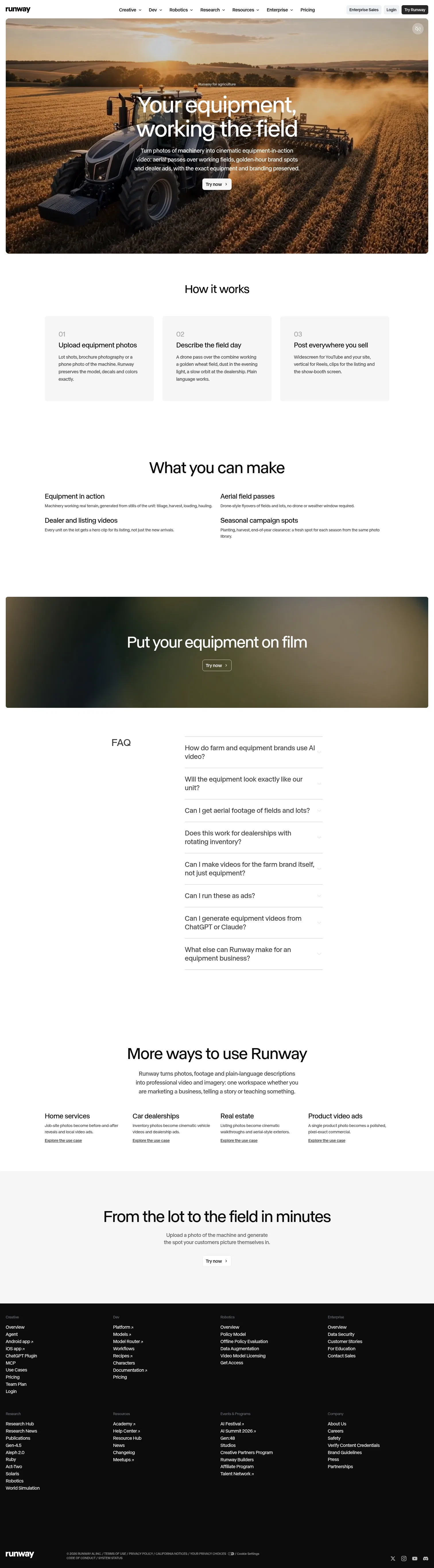 runway.com/use-cases/agriculture on desktop, full screenshot