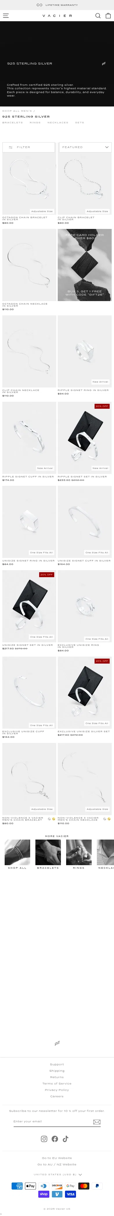 vacier.com/collections/925-silver on mobile, full screenshot