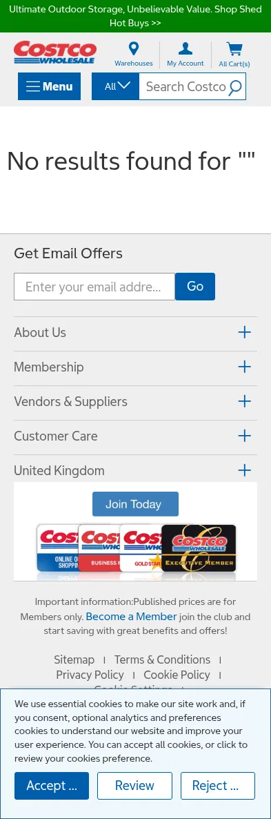 costco.co.uk/search on mobile, full screenshot
