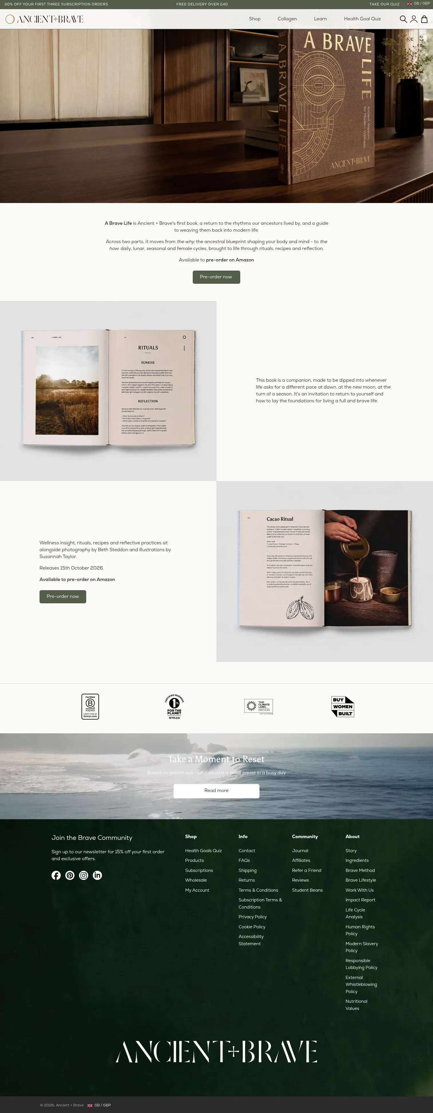 ancientandbrave.earth/pages/a-brave-life-book on desktop, full screenshot