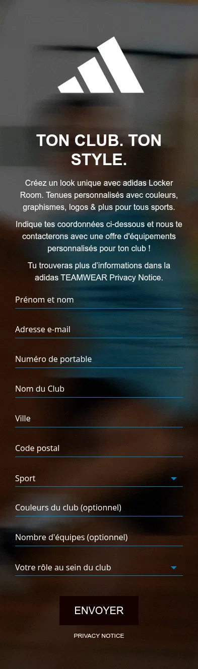 adidas-teamwear.campaign.playable.com/paid-social-france on mobile, full screenshot