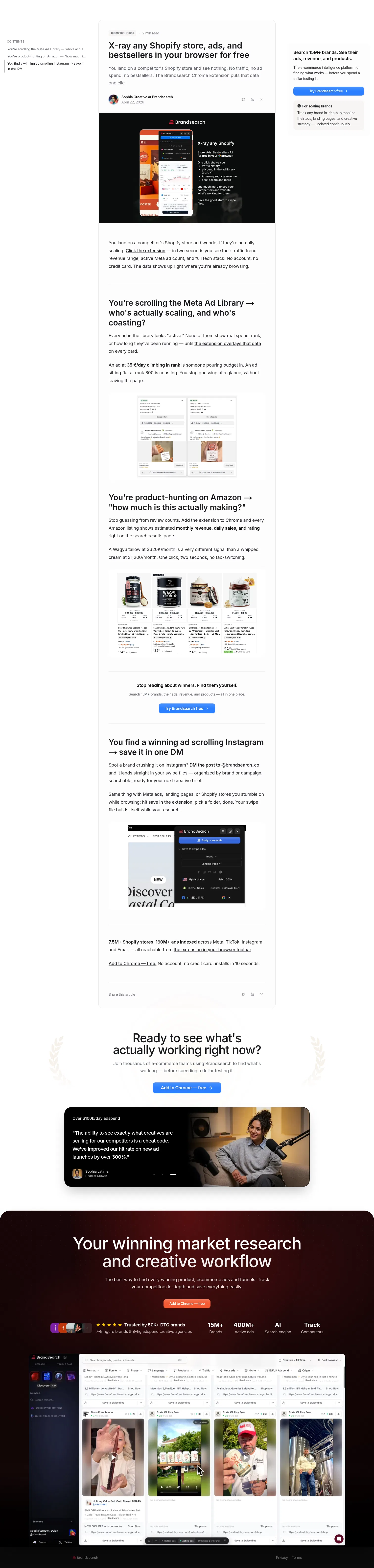 brandsearch.co/lp/chrome-extension-xray-shopify on desktop, full screenshot