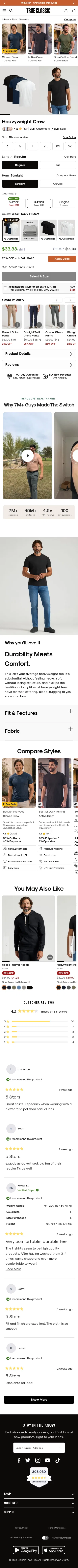 trueclassictees.com/products/the-staple-heavyweight-crew-3-pack on mobile, full screenshot