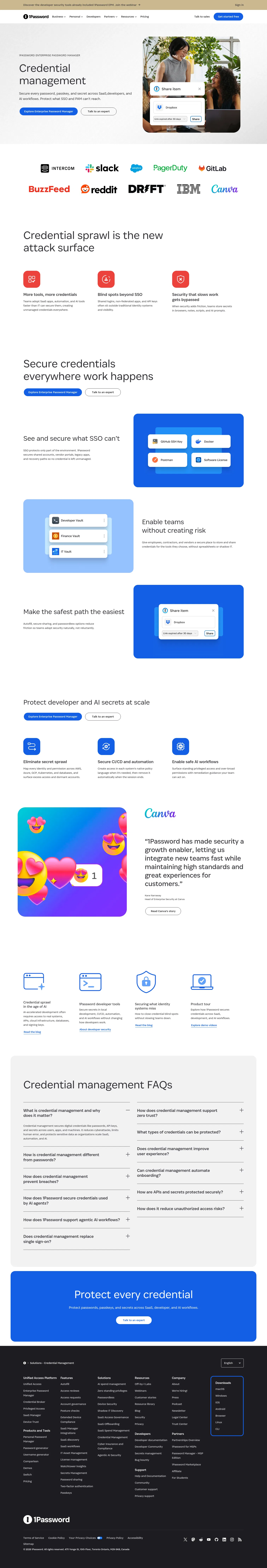 1password.com/solutions/credential-management on desktop, full screenshot