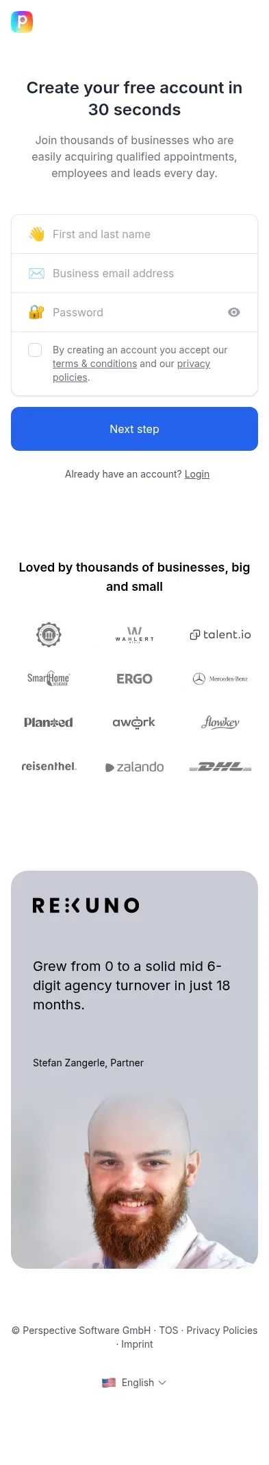 start.perspective.co/en/signup on mobile, full screenshot