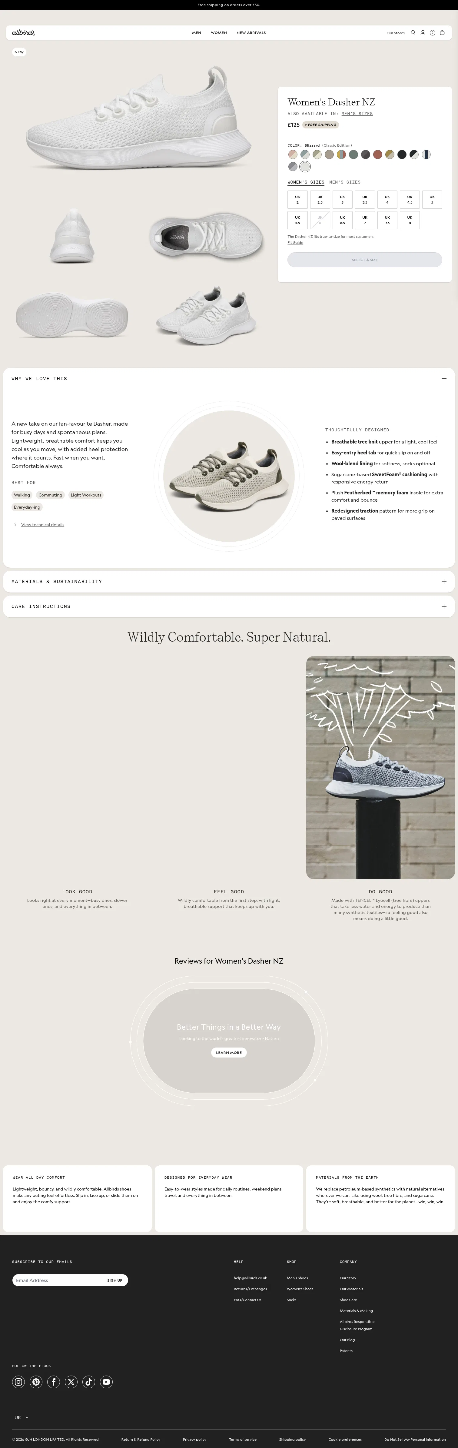 allbirds.co.uk/products/womens-dasher-nz-blizzard on desktop, full screenshot
