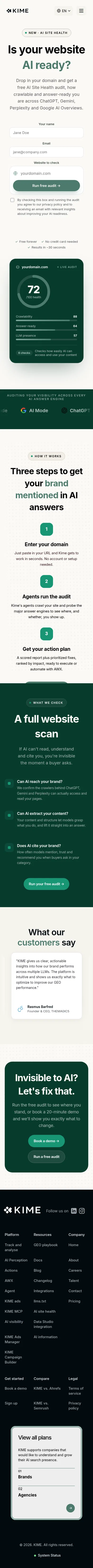 kime.ai/ai-site-health on mobile, full screenshot