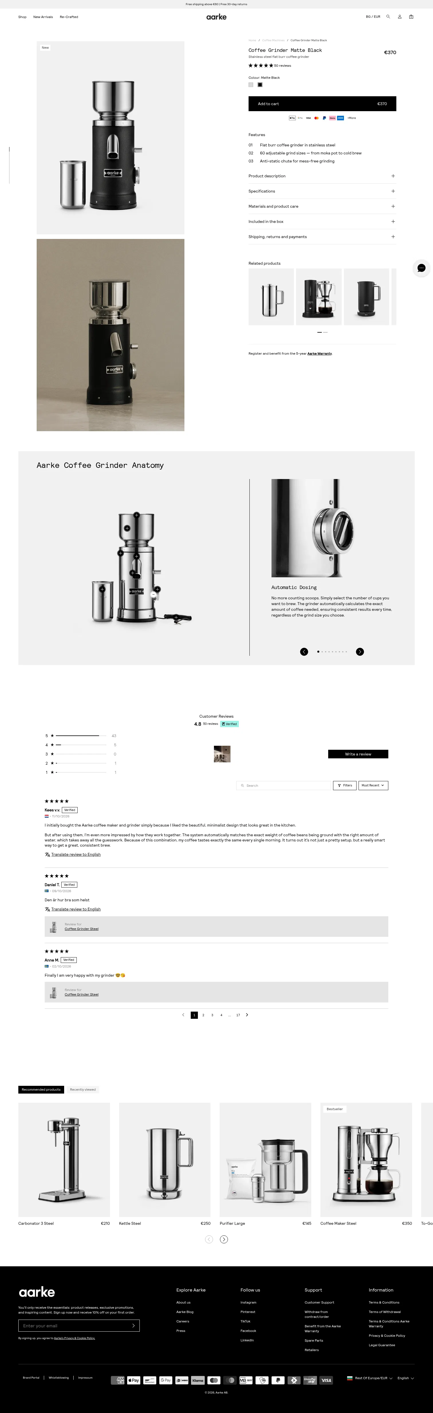 aarke.com/en-roe/products/coffee-grinder-matte-black on desktop, full screenshot