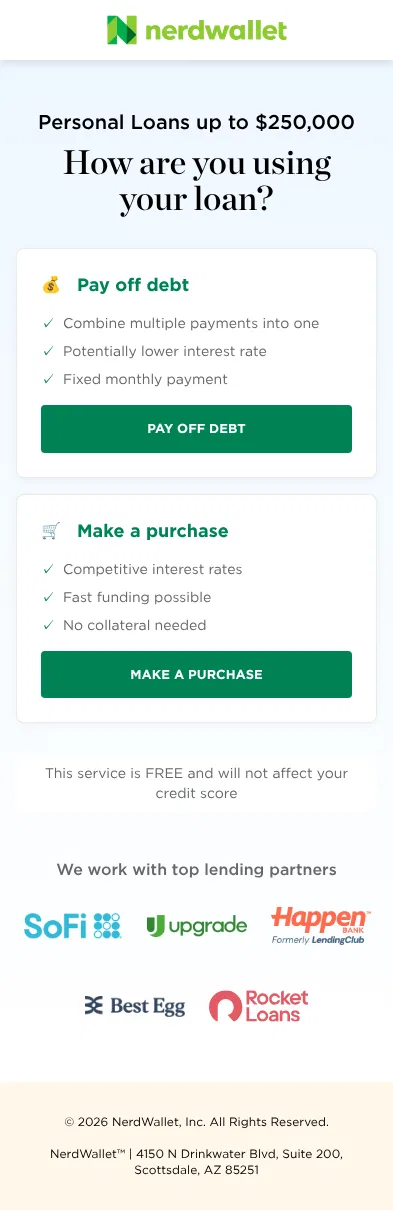 nerdwallet.com/prequalify/m/personal-loan/facebook/lp1 on mobile, full screenshot