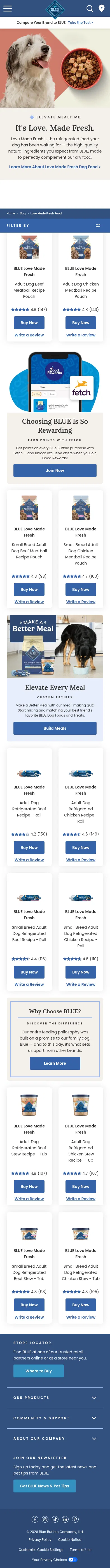 bluebuffalo.com/product-finder/dog/love-made-fresh-food on mobile, full screenshot