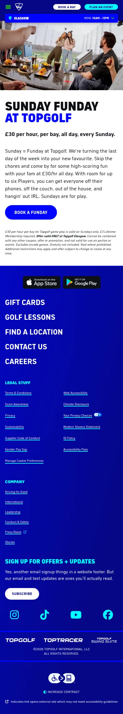 topgolf.com/glasgowsunday on mobile, full screenshot