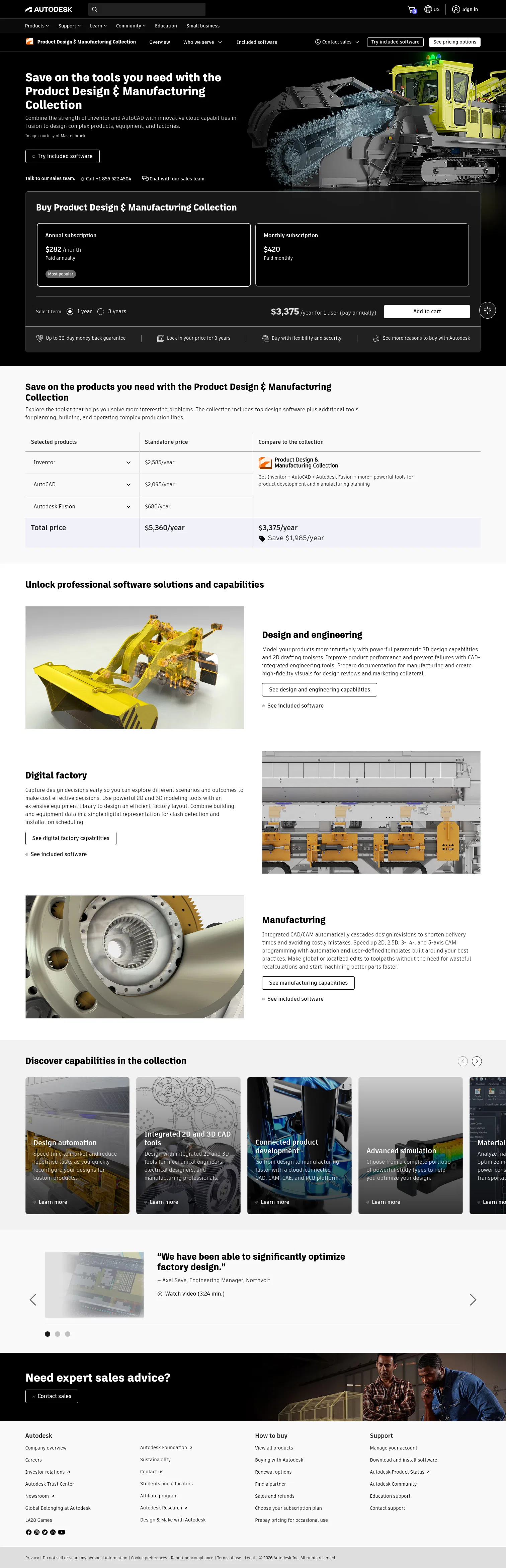 autodesk.com/collections/product-design-manufacturing/overview on desktop, full screenshot