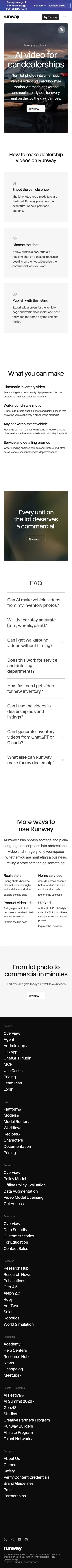 runway.com/use-cases/car-dealerships on mobile, full screenshot