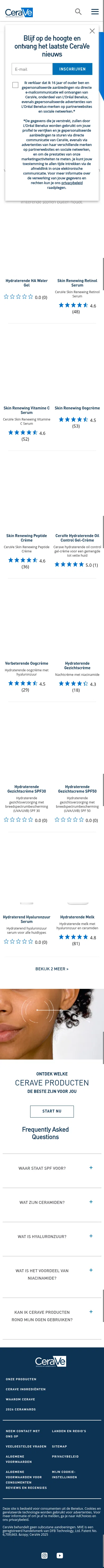 cerave.be/nl-be/huidverzorging/hydraterende-cremes-voor-het-gezicht on mobile, full screenshot