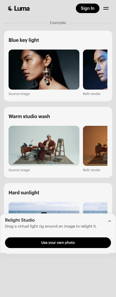 app.lumalabs.ai/solutions/relight-studio-v2 on mobile, full screenshot
