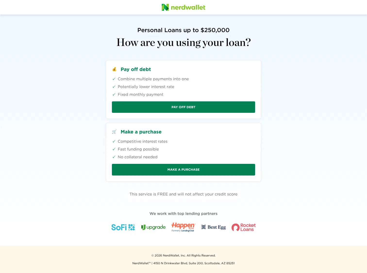 nerdwallet.com/prequalify/m/personal-loan/facebook/lp1 on desktop, full screenshot