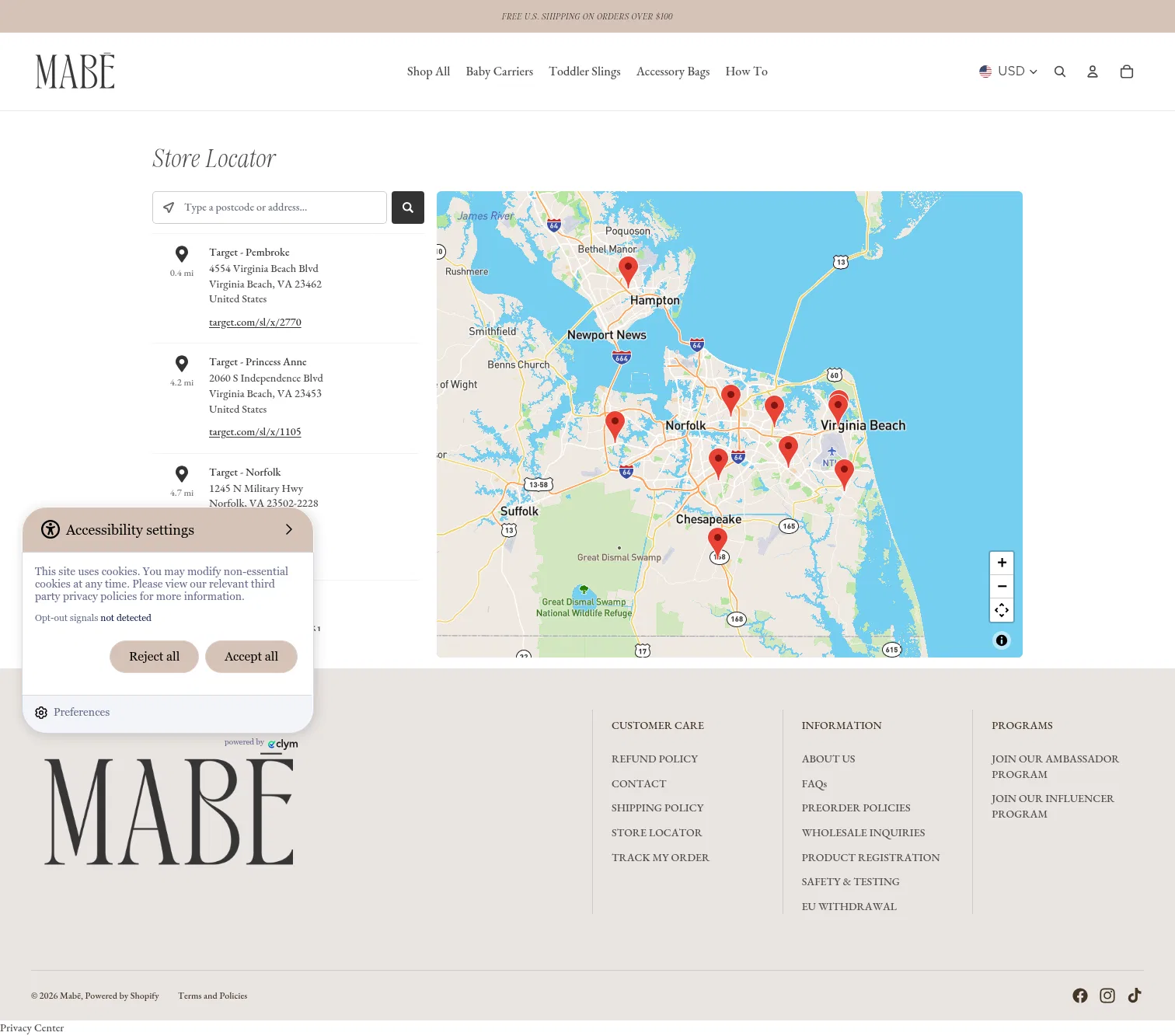 mabeproducts.com/pages/store-locator on desktop, full screenshot