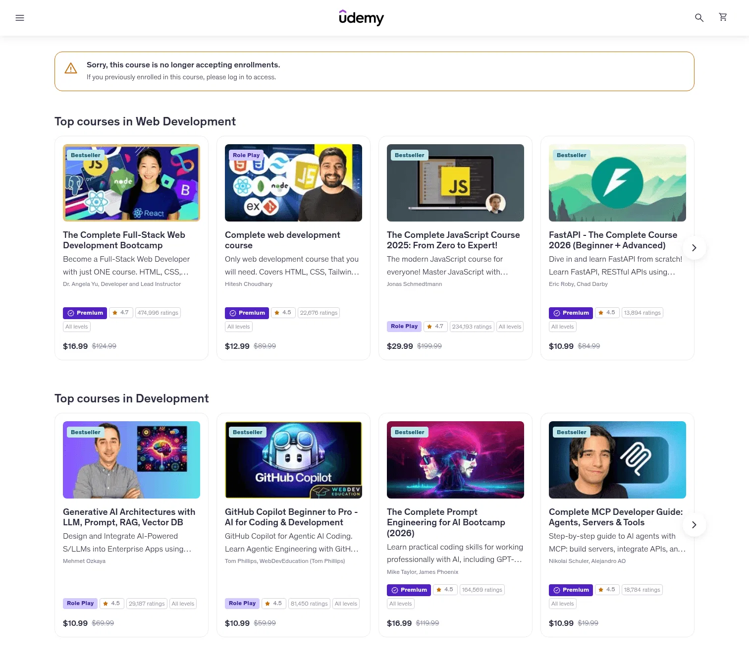 udemy.com/komple-web-developer-kursu on desktop, full screenshot