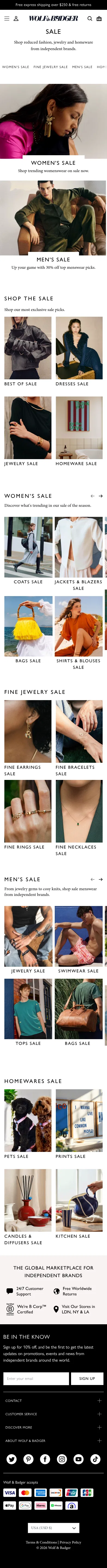 wolfandbadger.com/features/sale on mobile, full screenshot