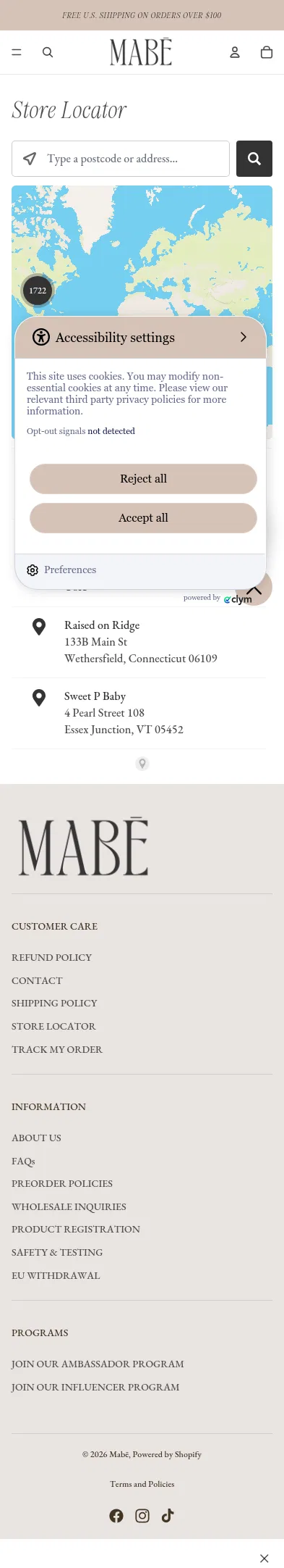 mabeproducts.com/pages/store-locator on mobile, full screenshot
