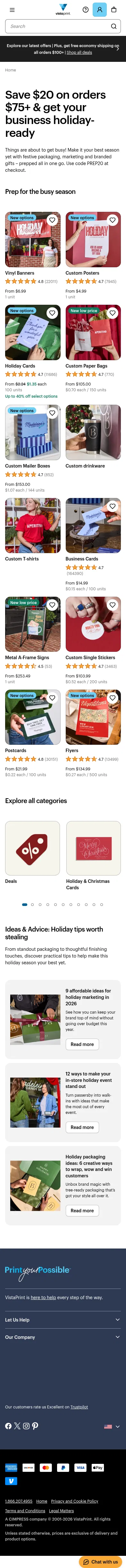 vistaprint.com/holiday-prep-savings on mobile, full screenshot