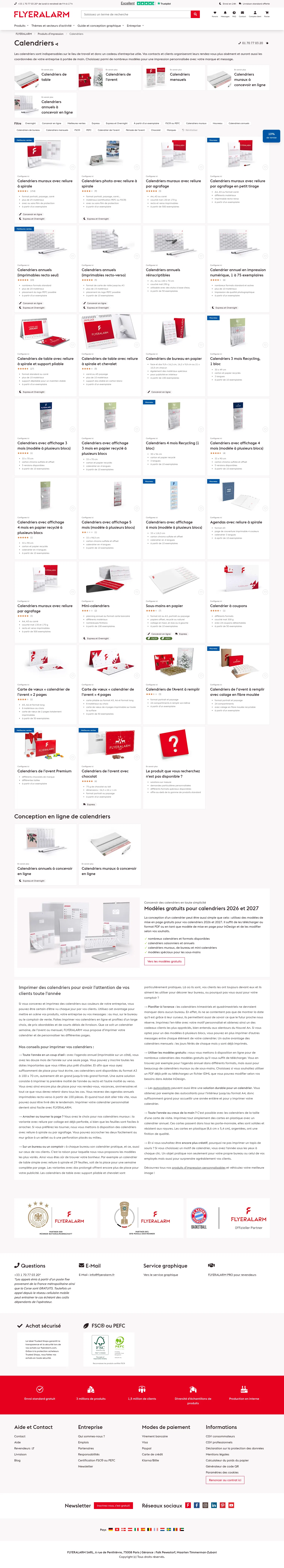 flyeralarm.com/fr/c/produits-dimpression/calendriers on desktop, full screenshot