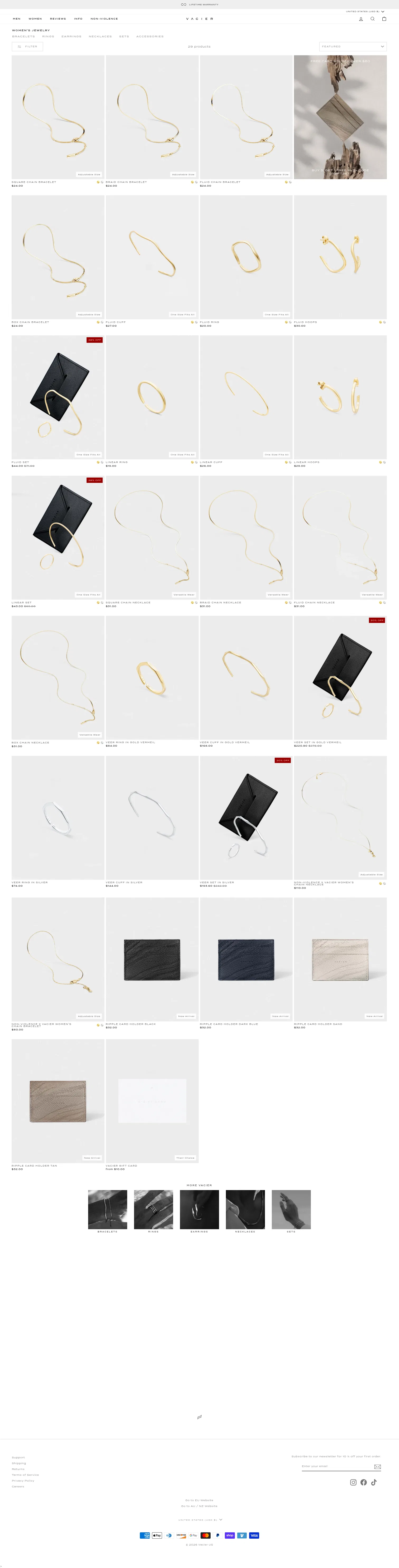 vacier.com/collections/womens-jewelry on desktop, full screenshot