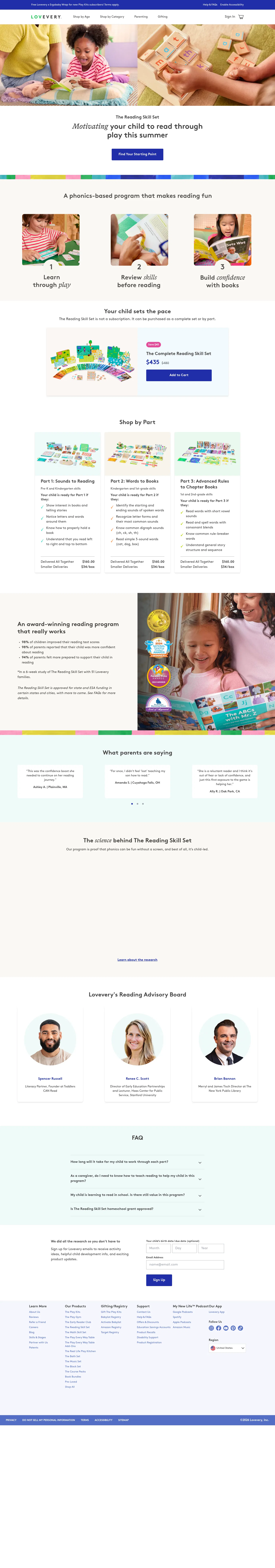 lovevery.com/pages/the-reading-skill-set on desktop, full screenshot