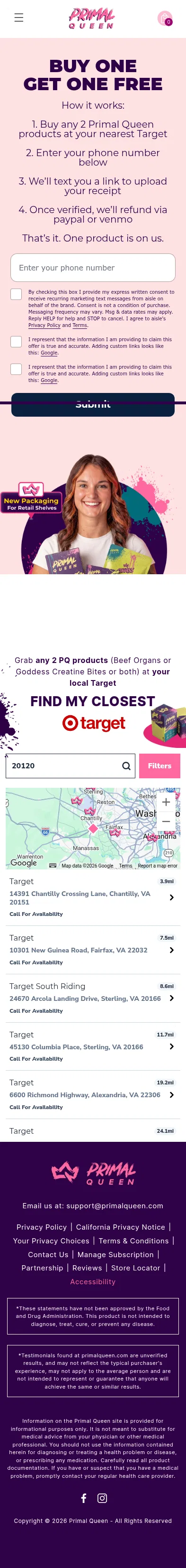 primalqueen.com/pages/b1g1-campaign on mobile, full screenshot