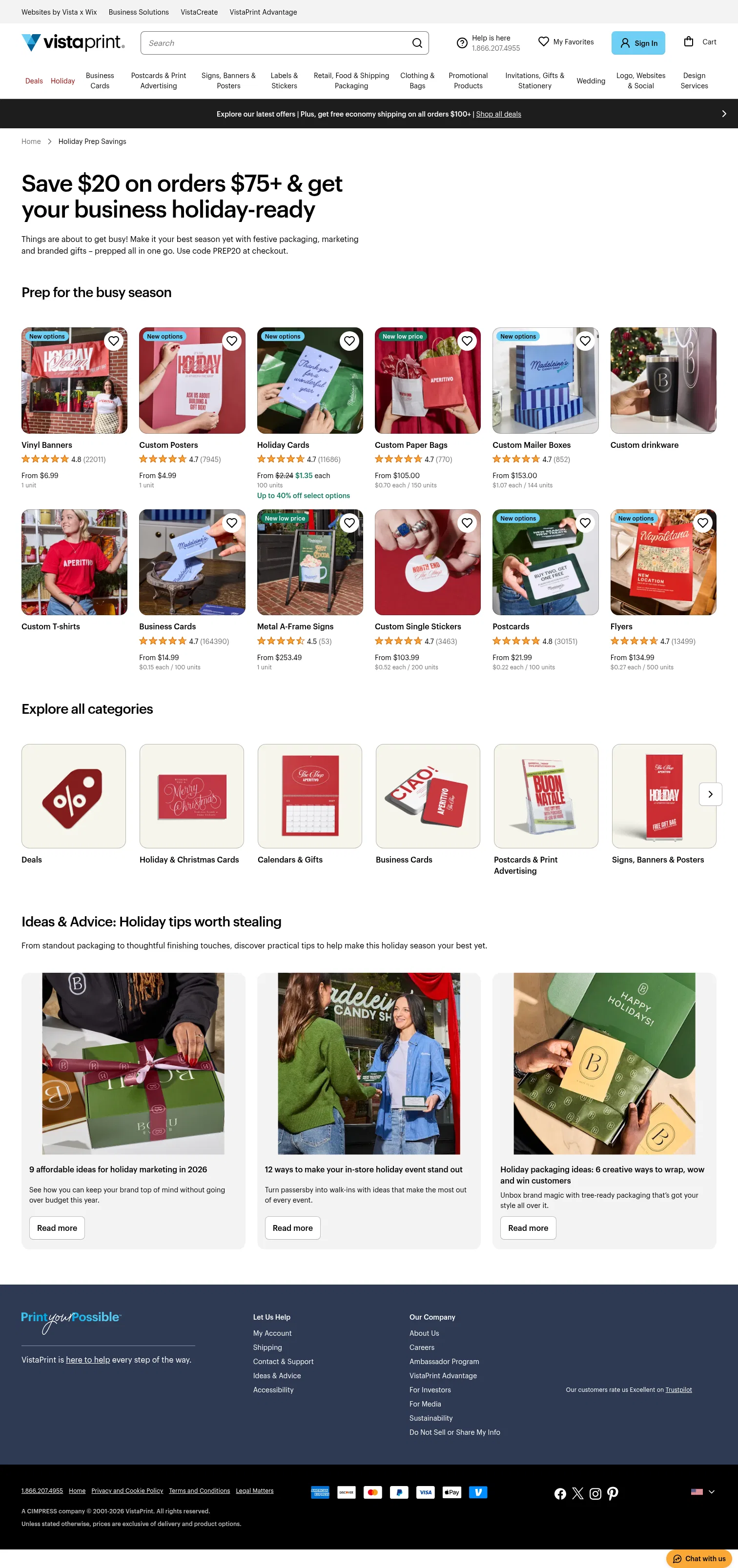 vistaprint.com/holiday-prep-savings on desktop, full screenshot