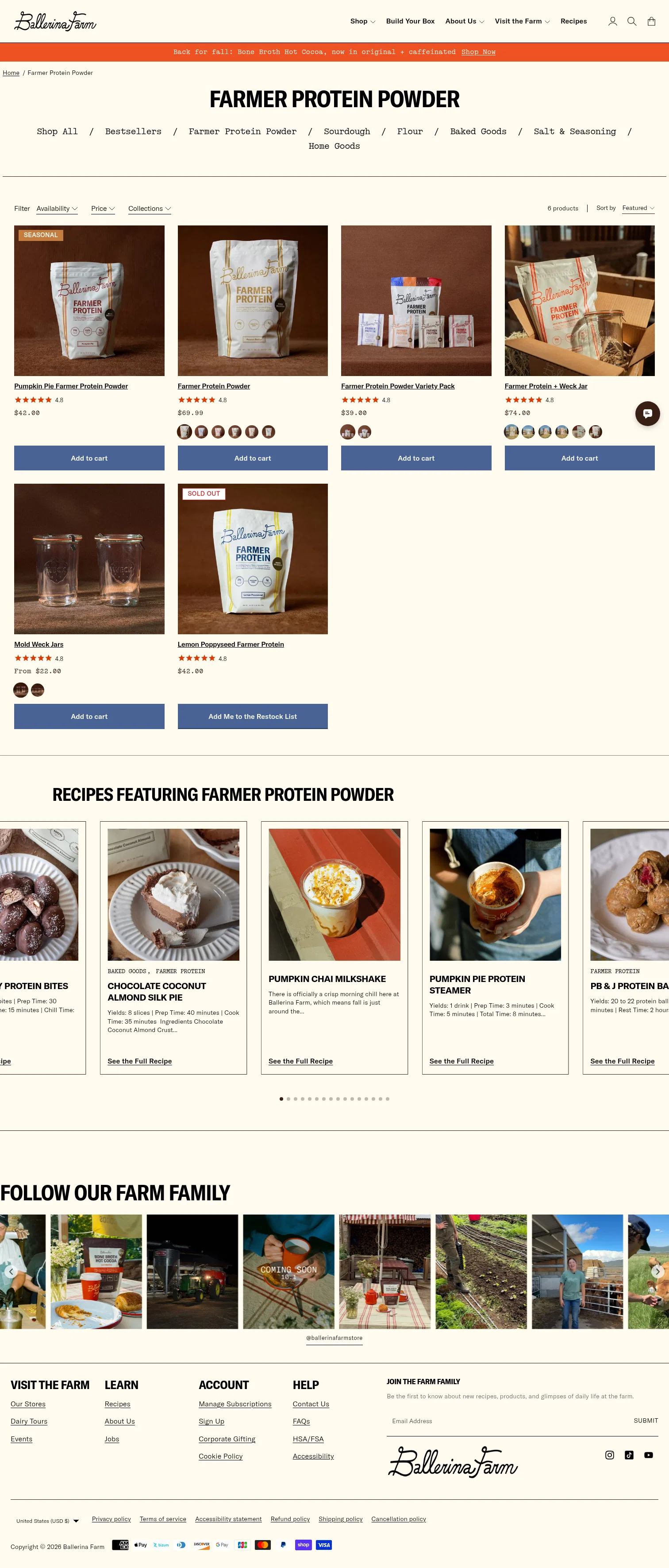 ballerinafarm.com/collections/farmer-protein-powder on desktop, full screenshot