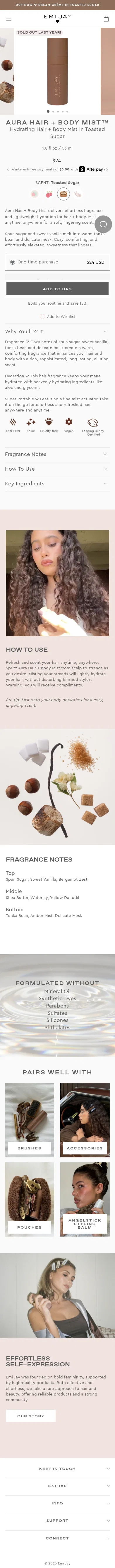 emijay.com/products/aura-scented-hair-body-mist-in-toasted-sugar on mobile, full screenshot
