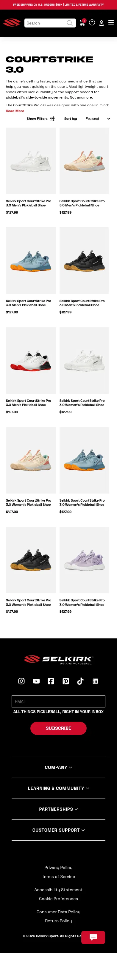 selkirk.com/collections/courtstrike-3-0 on mobile, full screenshot