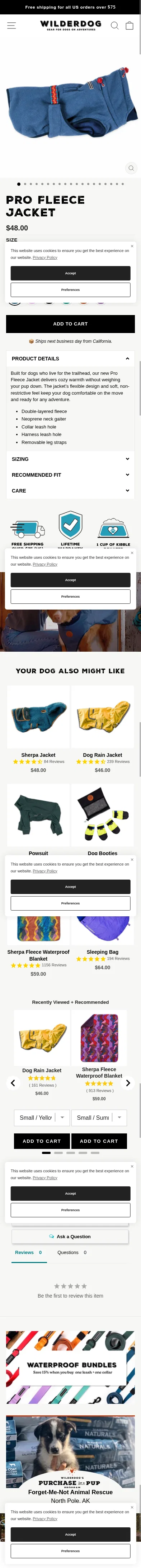 wilderdog.com/collections/jackets/products/pro-fleece-jacket on mobile, full screenshot