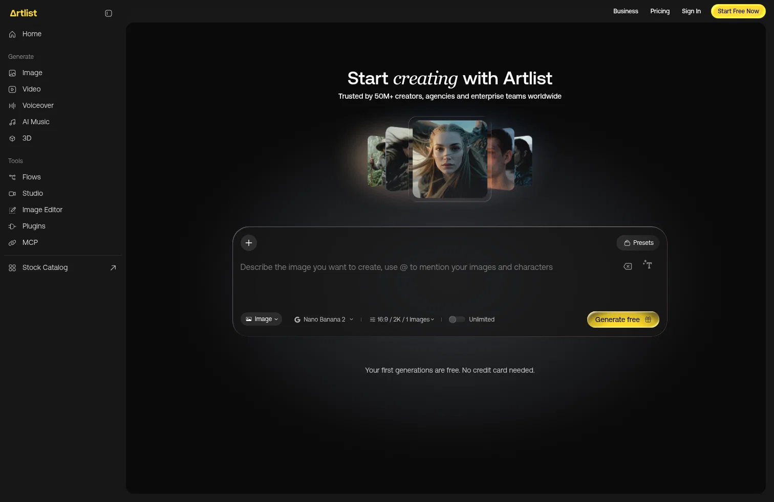 Artlist landing page