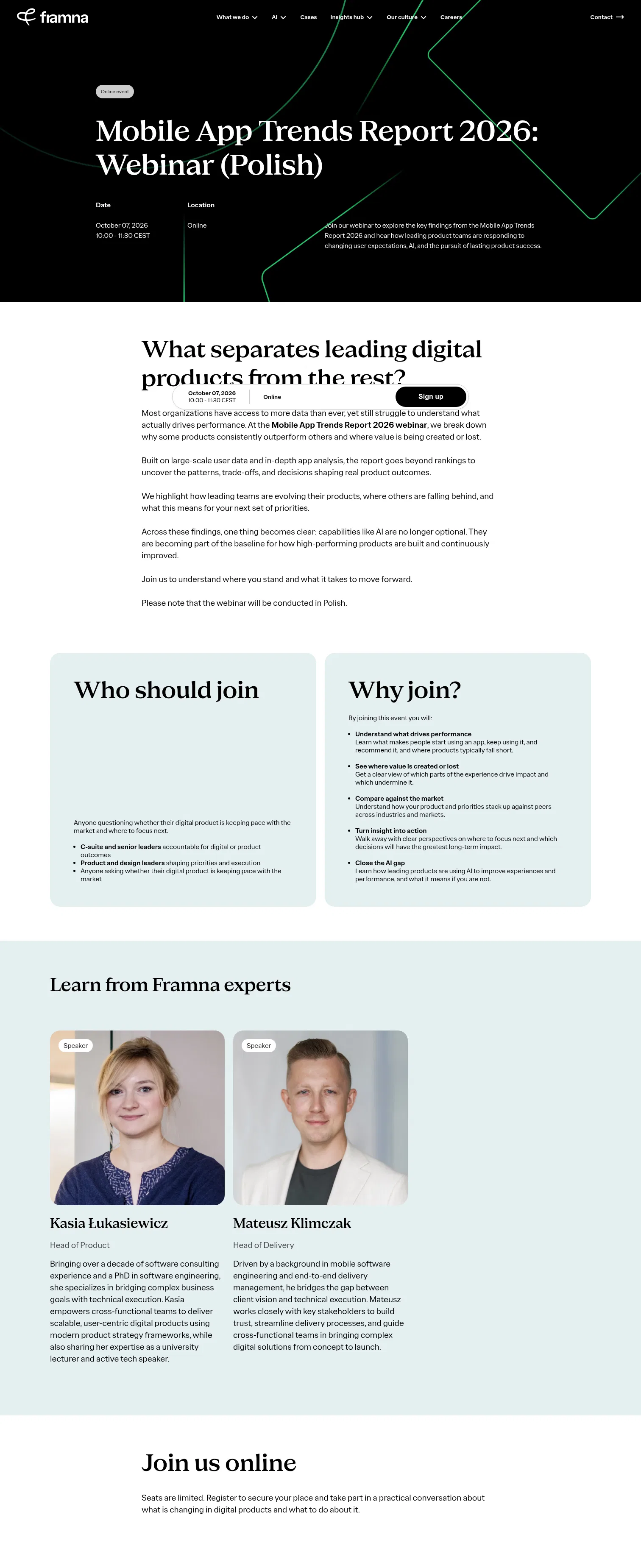 framna.com/mobile-app-trends-report-2026-webinar-pl on desktop, full screenshot