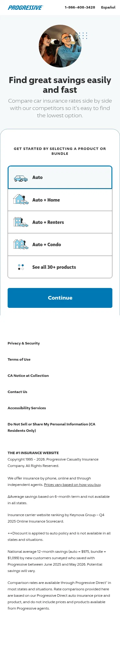 progressive.com/lp/auto-compare on mobile, full screenshot