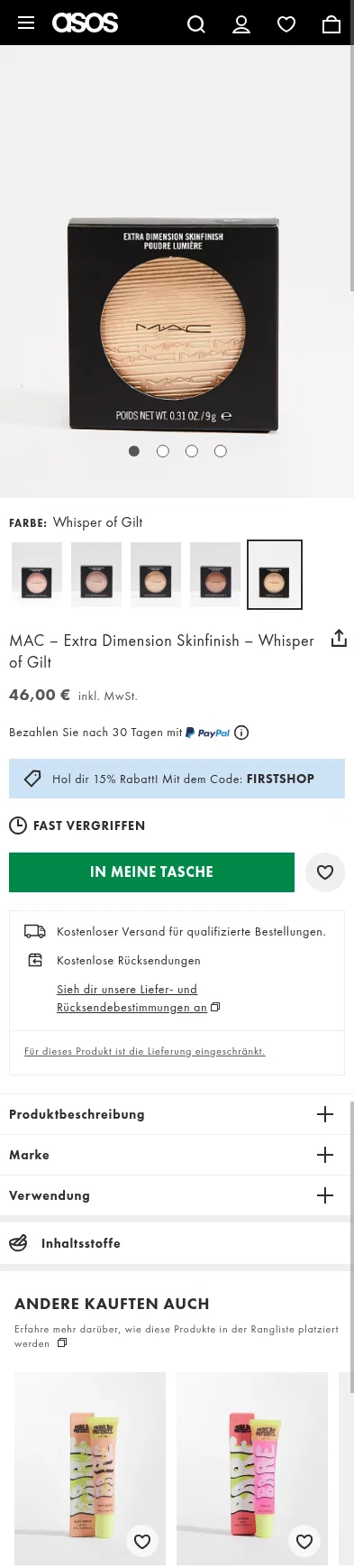 asos.com/de/mac/mac-extra-dimension-skinfinish-whisper-of-gilt/prd/10034815 on mobile, full screenshot