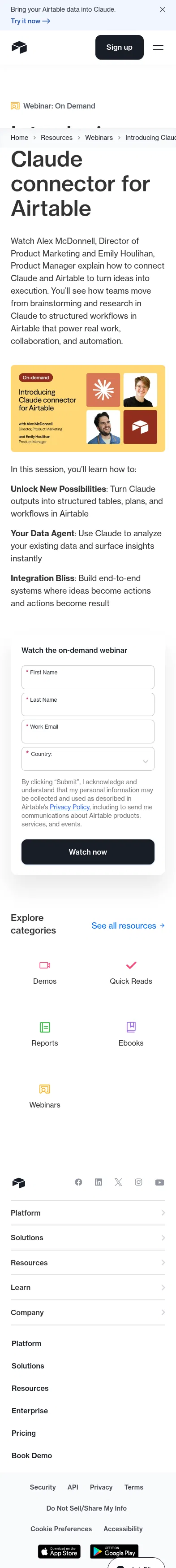 airtable.com/lp/resources/webinars/connect-claude-airtable on mobile, full screenshot