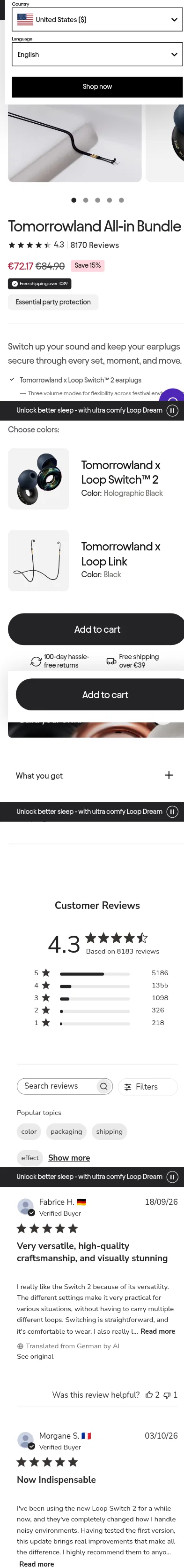 loopearplugs.com/products/tomorrowland-all-in-bundle on mobile, full screenshot