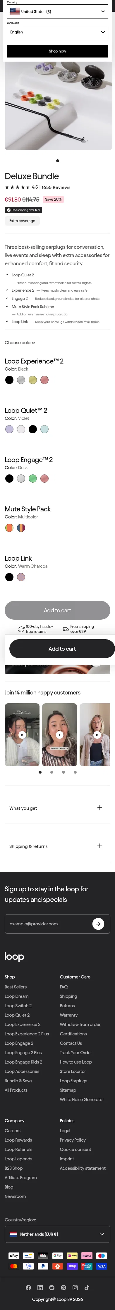 loopearplugs.com/products/deluxe-bundle on mobile, full screenshot