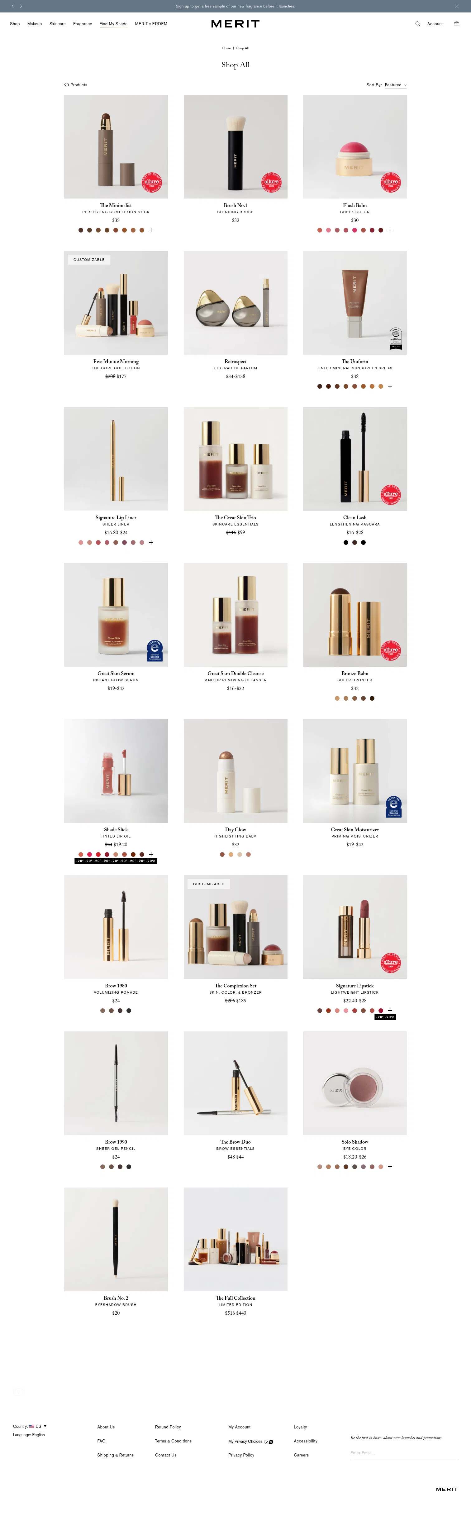 meritbeauty.com/collections/shop-all on desktop, full screenshot